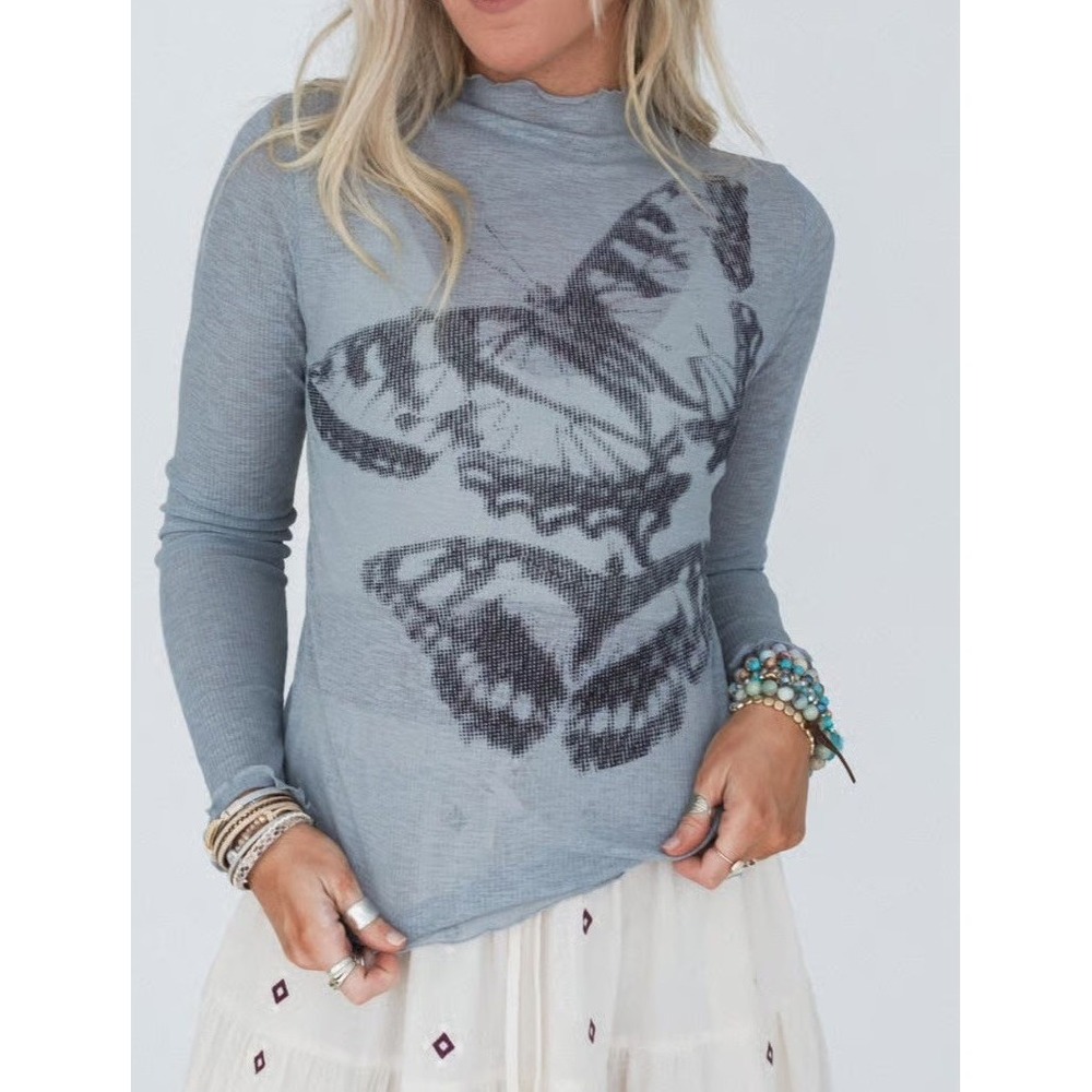 Three Bird Nest Chasing Butterflies Mesh Top Gray Sheer Mock Neck Small